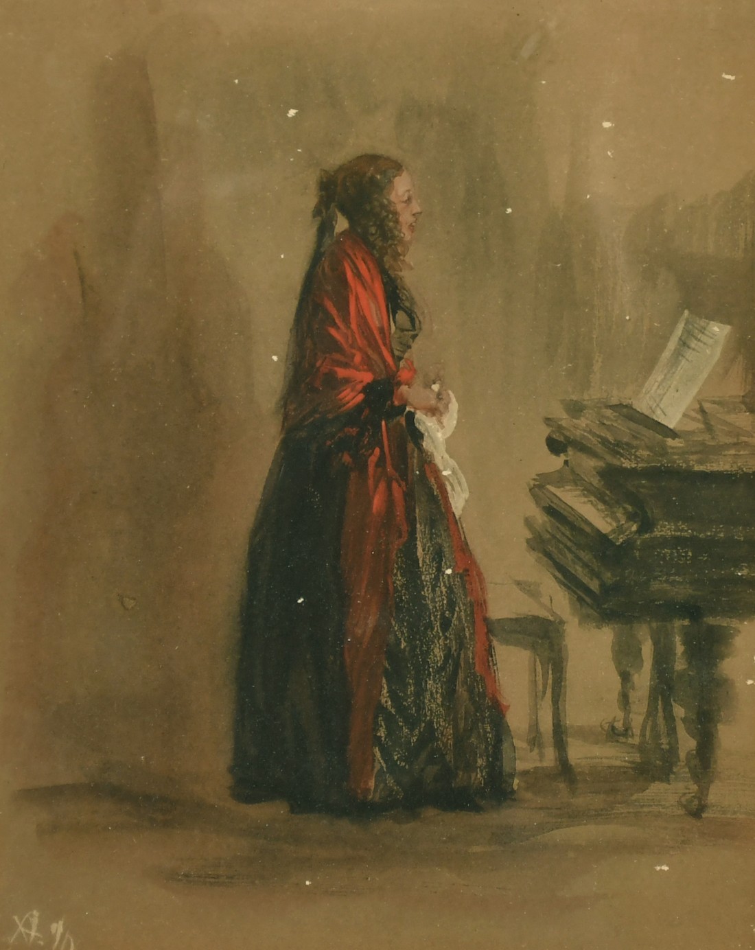 After Adolph Von Menzel, A lady by a piano, chromolithograph, 7" x 5.5", (a/f).