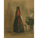 After Adolph Von Menzel, A lady by a piano, chromolithograph, 7" x 5.5", (a/f).