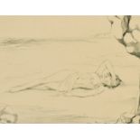 Margaret Ca..., Etching of a semi-nude lady sunbathing on a beach, signed in pencil, 9" x 11", (