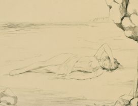 Margaret Ca..., Etching of a semi-nude lady sunbathing on a beach, signed in pencil, 9" x 11", (