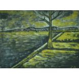 Jamini Roy (1887-1972) Indian, an early landscape of a tree near water, watercolour, signed with