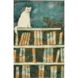 Julian Trevelyan (1910-1988) British, 'Cat and Books', mixed media, signed and dated 1987, 9" x