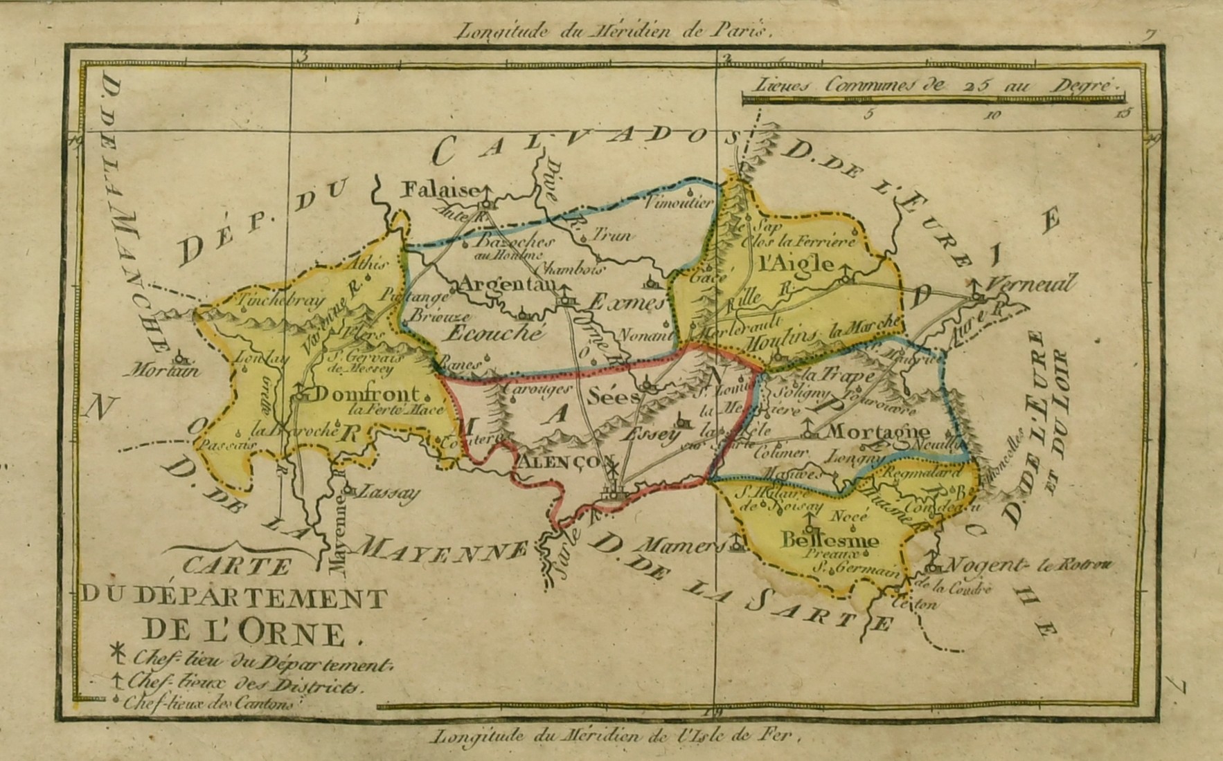 Carte du Departement de L'Orne, circa 1795, hand coloured engraving, 4.5" x 7".