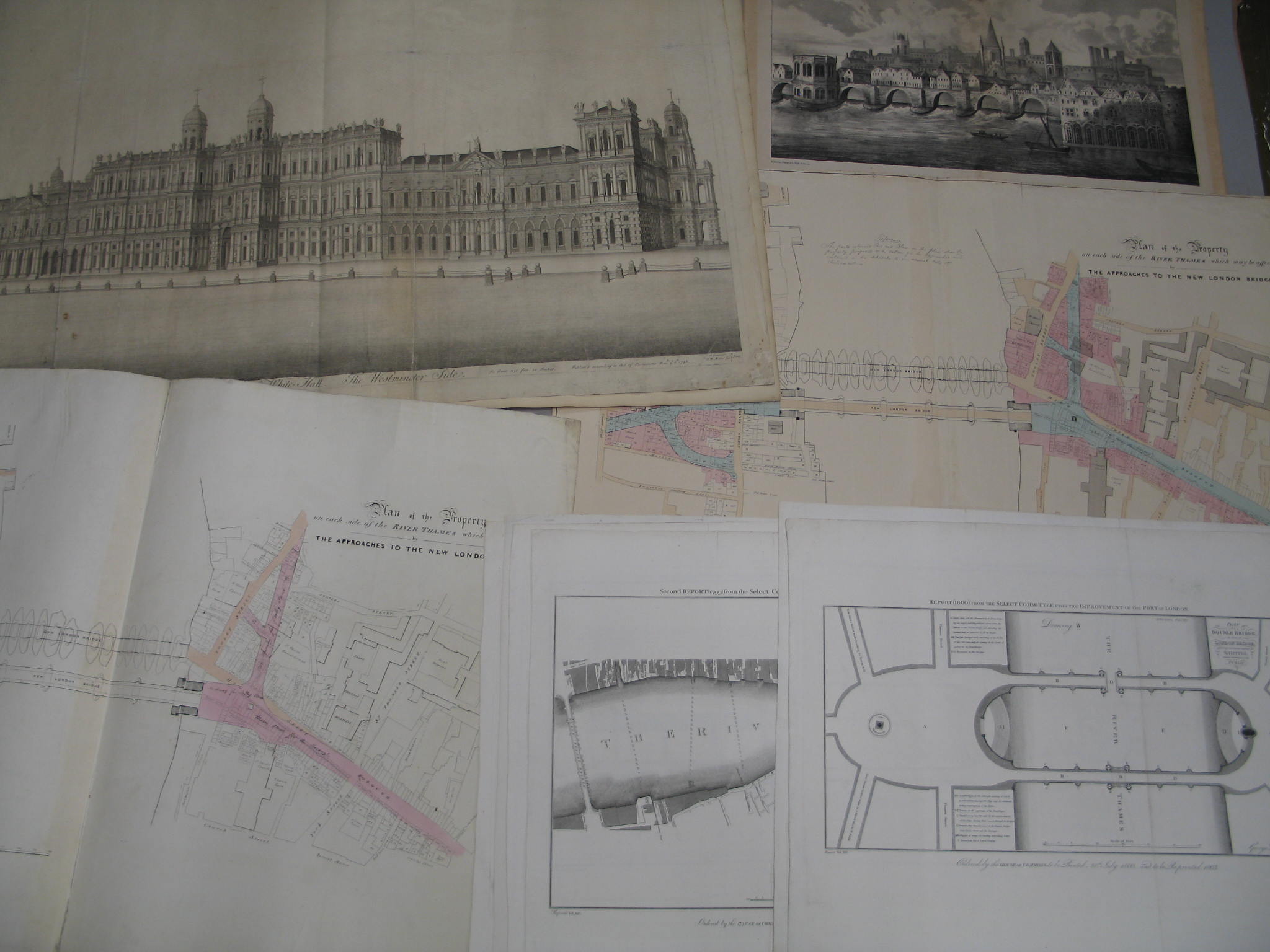 [LONDON MAPS & PRINTS] MARTIN, litho., "A View of the East Side of London Bridge,"; 2 plans of