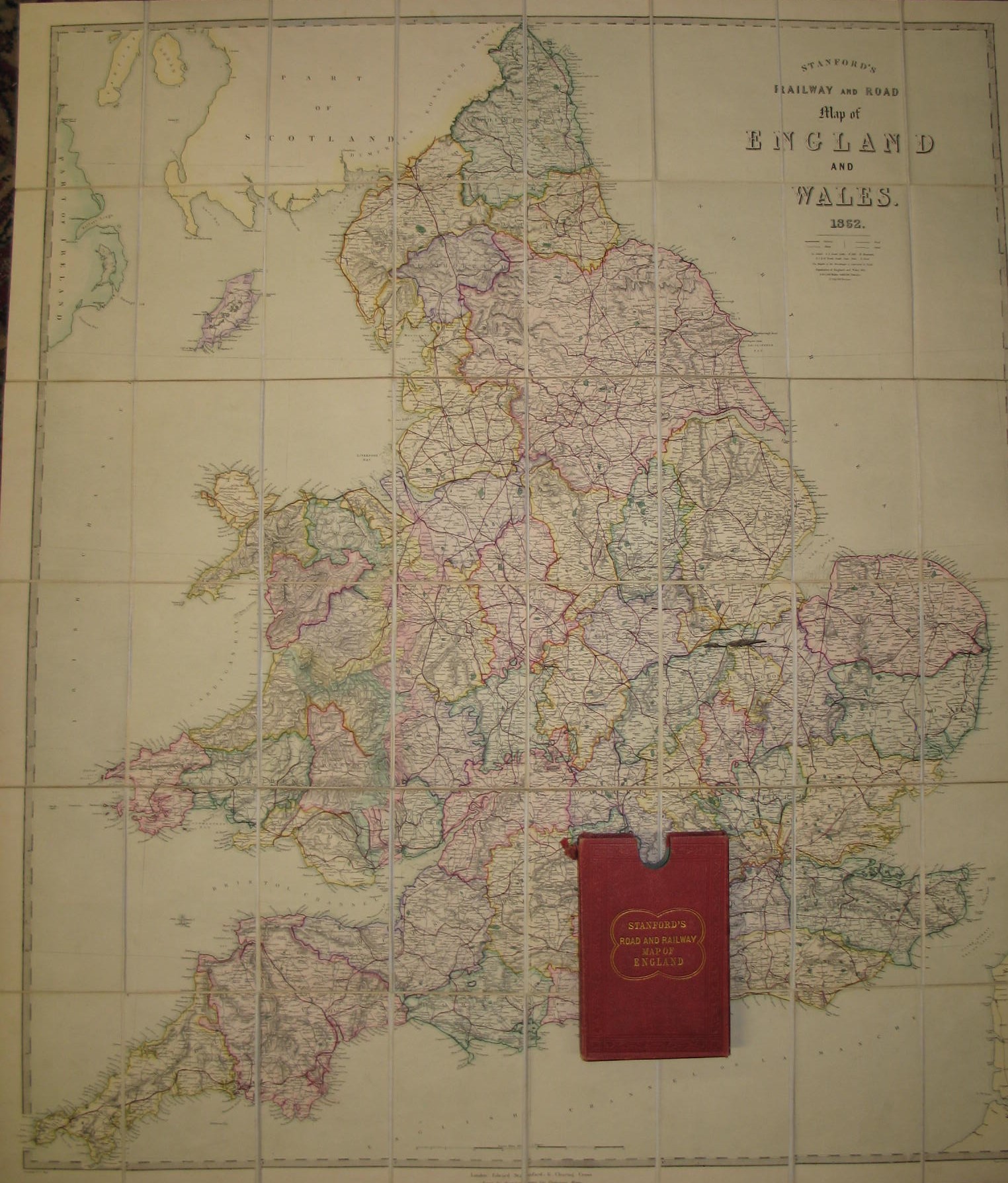 [MAP] "Stanford's Road and Railway Map of England and Wales . . . 1852," sectioned linen-backed map,