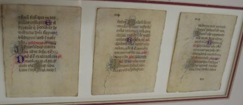 BOOK OF HOURS, 3 leaves, illuminated in blue, red & gold, on vellum, framed, each 3.5 x 2.75 inches,