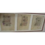 BOOK OF HOURS, 3 leaves, illuminated in blue, red & gold, on vellum, framed, each 3.5 x 2.75 inches,
