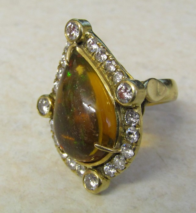 Tested as 18ct gold pear drop ring with diamonds & Mexican opal, central stone 10ct (pitted), - Image 4 of 7