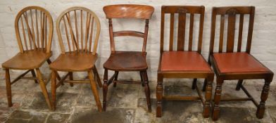 Pair of spindle back chairs, pair of 1930's dining chairs & a Victorian kitchen chair