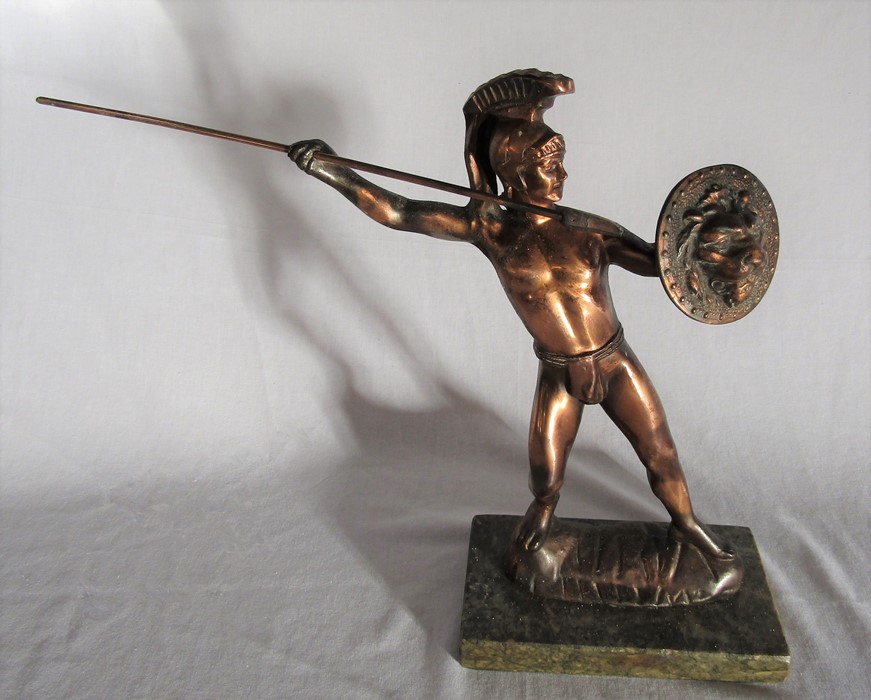 Bronzed figure of a Spartan warrior with spear and shield on a marble base H 33 cm