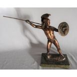 Bronzed figure of a Spartan warrior with spear and shield on a marble base H 33 cm