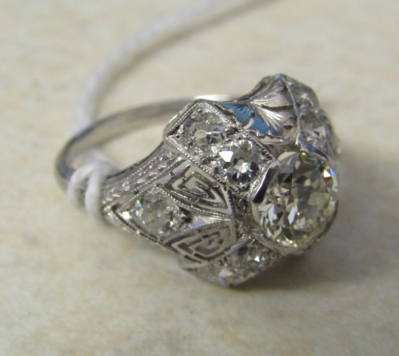 Tested as platinum vintage style diamond cluster ring set with central brilliant cut diamond - Image 7 of 7