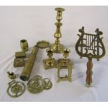 Selection of brassware inc stamp box, telescope and candlesticks