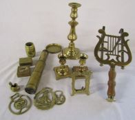Selection of brassware inc stamp box, telescope and candlesticks