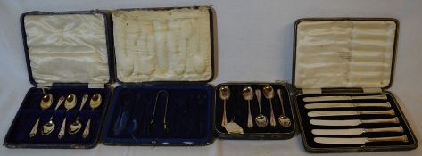 Cased set of 6 silver fruit knives, 5 silver teaspoons, silver sugar bow & 5 silver teaspoons