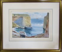 Framed watercolour of a harbour scene with indistinct signature 44 cm x 37 cm (size including