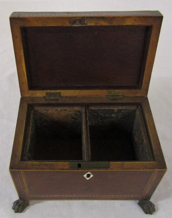 Wooden inlaid tea caddy with metal claw feet (missing interior lids) H 13 cm L 17.5 cm & sarcophagus - Image 7 of 8