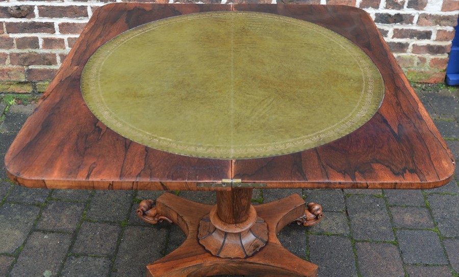 William IV/ early Victorian rosewood fold over pedestal card table on scroll feet - Image 3 of 3
