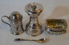 Silver pepper mill with indistinct assay marks, silver pepper pot London 1927, silver salt Chester