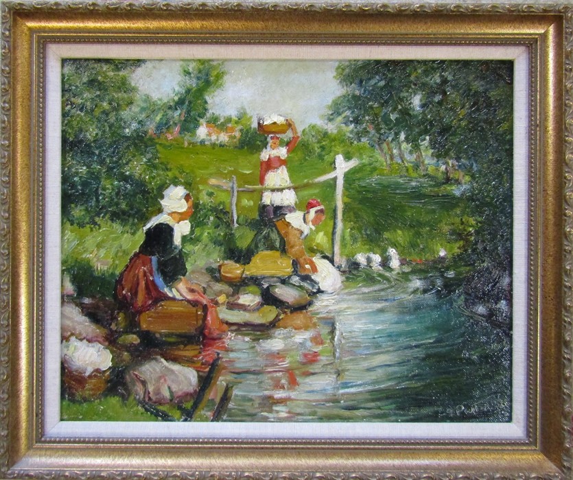 Framed oil on board signed A Patterson of 3 Dutch women washing clothes in a stream 48 cm x 41 cm (