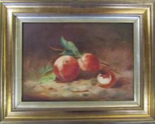 Gilt framed oil on canvas still life of peaches, unsigned 48 cm x 38 cm (size including frame)