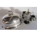 Silver plated domed meat cover, lidded trophy and 2 pewter tankards