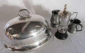 Silver plated domed meat cover, lidded trophy and 2 pewter tankards
