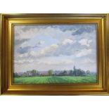 Framed oil on board of a rural landscape signed J M Lewis 42 cm x 32 cm (size including frame)