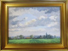 Framed oil on board of a rural landscape signed J M Lewis 42 cm x 32 cm (size including frame)