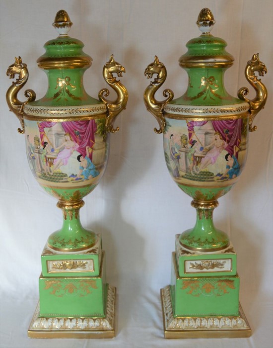 Pair of extremely large late 19th/early 20th century Vienna style lidded vases in a green ground - Image 2 of 4