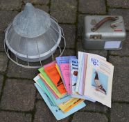 STB pigeon racing clock, metal bird feeder and assorted pigeon racing books (one signed)