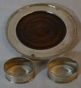 Silver & mahogany wine coaster Birmingham 1946 & a pair of silver napkin rings 1961