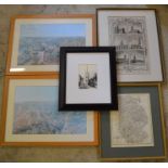 Pair of frame prints of William Brown's panorama of Louth, 18th century map of Lincolnshire, print