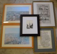 Pair of frame prints of William Brown's panorama of Louth, 18th century map of Lincolnshire, print