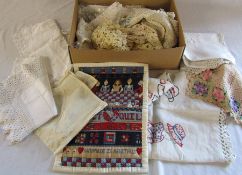 Selection of linen inc Nottingham lace, crochet work etc