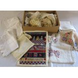 Selection of linen inc Nottingham lace, crochet work etc