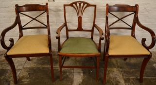 2 reproduction Georgian carver dining chairs and inlaid Edwardian chair.