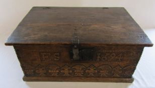 17th century carved oak bible box initialled E.S and dated 1694 L 60 cm H 25.5 cm D 43 cm