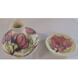 Boxed Moorcroft vase 'Magnolias' pattern H 10 cm with pin dish D 12 cm