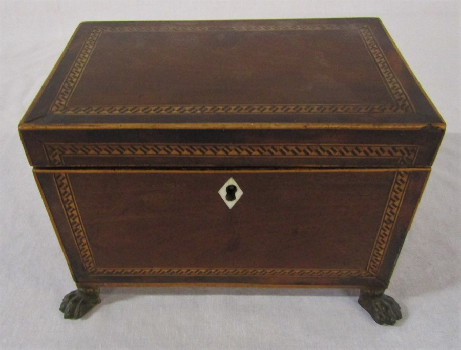 Wooden inlaid tea caddy with metal claw feet (missing interior lids) H 13 cm L 17.5 cm & sarcophagus - Image 5 of 8