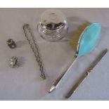 Silver topped glass pin pot, comb cover, hair brush (af) with white metal filigree thimble, star