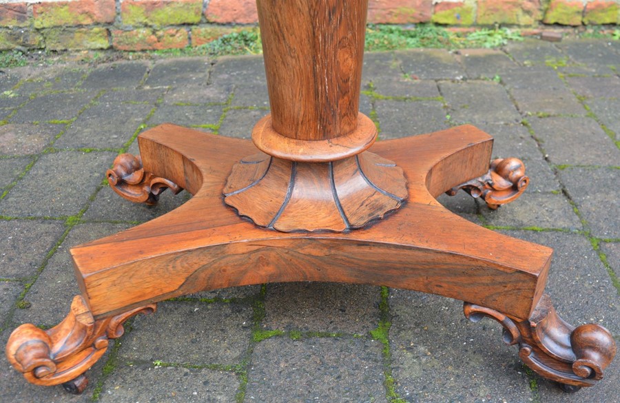 William IV/ early Victorian rosewood fold over pedestal card table on scroll feet - Image 2 of 3