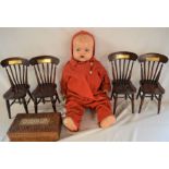 4 miniature chair trophies, a carved wooden box, and a 1950s composite doll with sleep eyes.