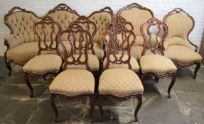 Victorian salon suite comprising 3 peak high back sofa, lady's & gent's arm chairs & 6 occasional