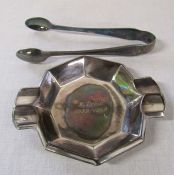 Pair of Victorian silver sugar tongs Sheffield 1894 weight 1.11 ozt and a continental silver ashtray