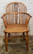 19th century yew wood Windsor chair with pierced splat & turned arm supports with crinoline