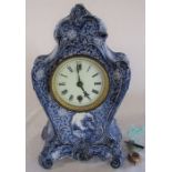 Ansonia Clock Co blue and white transfer printed ceramic mantel clock H 34 cm