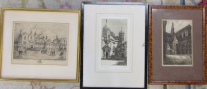 3 framed engravings / etchings by Tom Foster 'Heriot's Hospital Edinburgh', Frederick Garnell '