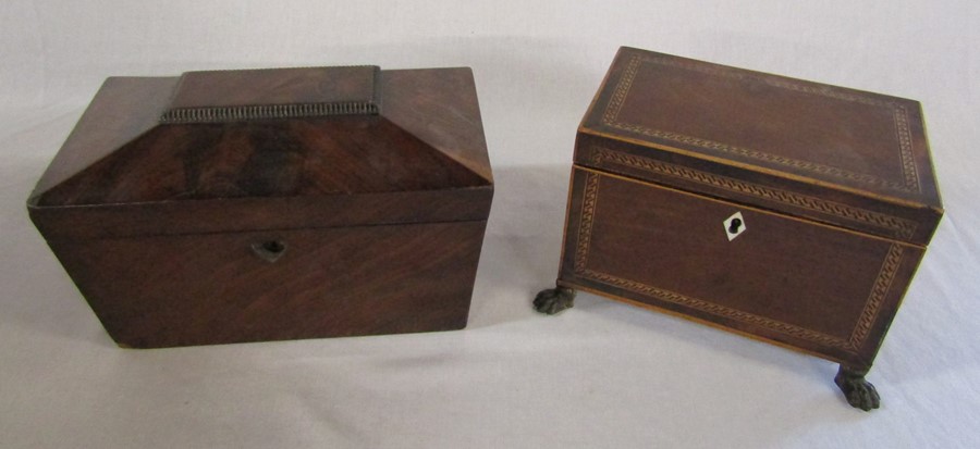 Wooden inlaid tea caddy with metal claw feet (missing interior lids) H 13 cm L 17.5 cm & sarcophagus