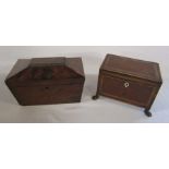 Wooden inlaid tea caddy with metal claw feet (missing interior lids) H 13 cm L 17.5 cm & sarcophagus